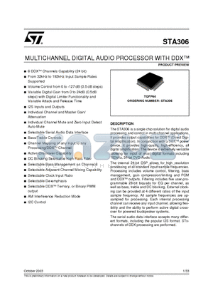STA306 datasheet - MULTICHANNEL DIGITAL AUDIO PROCESSOR WITH DDX