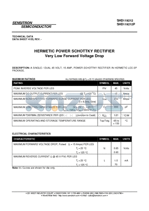SHD119212P datasheet - HERMETIC POWER SCHOTTKY RECTIFIER Very Low Forward Voltage Drop