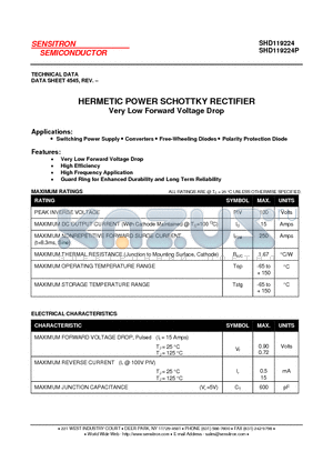 SHD119224 datasheet - HERMETIC POWER SCHOTTKY RECTIFIER Very Low Forward Voltage Drop