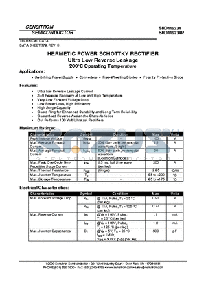 SHD119234P datasheet - HERMETIC POWER SCHOTTKY RECTIFIER Ultra Low Reverse Leakage 200C Operating Temperature