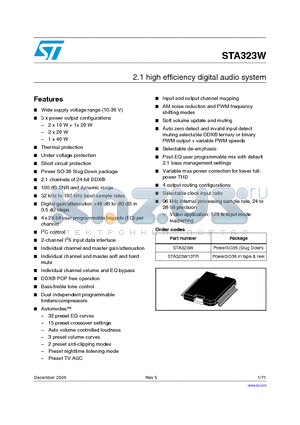 STA323W datasheet - 2.1 high efficiency digital audio system