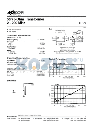 TP-75 datasheet - 50/75-Ohm Transformer 2 - 200 MHz