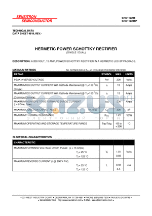 SHD119246 datasheet - HERMETIC POWER SCHOTTKY RECTIFIER