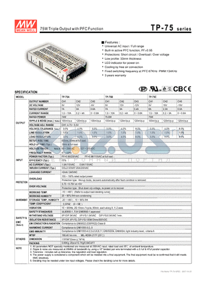 TP-75A datasheet - 75W Triple Output with PFC Function