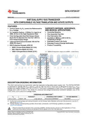 SN74LVC8T245-EP datasheet - 8-BIT DUAL-SUPPLY BUS TRANSCEIVER WITH CONFIGURABLE VOLTAGE TRANSLATION AND 3-STATE OUTPUTS