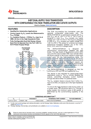 SN74LVC8T245-Q1 datasheet - 8-BIT DUAL-SUPPLY BUS TRANSCEIVER WITH CONFIGURABLE VOLTAGE TRANSLATION AND 3-STATE OUTPUTS