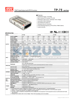 TP-75C datasheet - 75W Triple Output with PFC Function