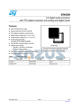 STA330 datasheet - 2.0 digital audio processor with FFX digital modulator and analog and digital inputs