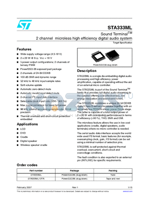 STA333ML datasheet - Sound Terminal TM 2 channel microless high efficiency digital audio system