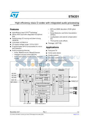 STA331 datasheet - High efficiency class D codec with integrated audio processing