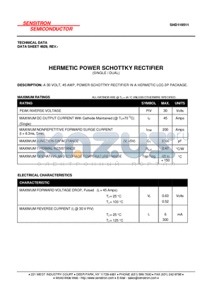 SHD119511 datasheet - HERMETIC POWER SCHOTTKY RECTIFIER