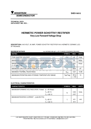 SHD119512 datasheet - HERMETIC POWER SCHOTTKY RECTIFIER Very Low Forward Voltage Drop