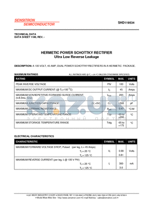 SHD119534 datasheet - HERMETIC POWER SCHOTTKY RECTIFIER Ultra Low Reverse Leakage