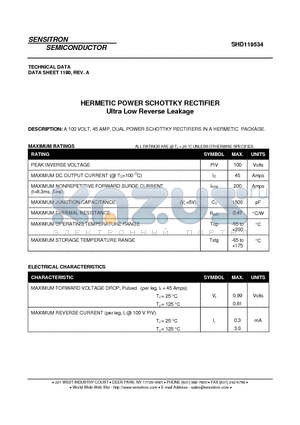 SHD119534 datasheet - HERMETIC POWER SCHOTTKY RECTIFIER Ultra Low Reverse Leakage