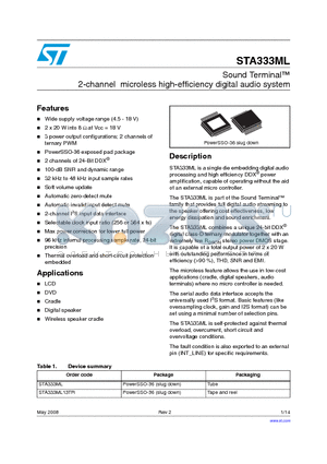 STA333ML_08 datasheet - Sound TerminaTM 2-channel microless high-efficiency digital audio system