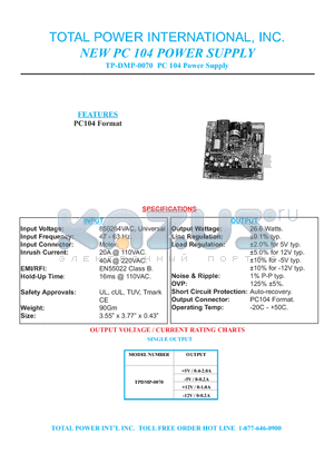 TP-DMP-0070 datasheet - NEW PC 104 POWER SUPPLY TP-DMP-0070 PC 104 Power Supply