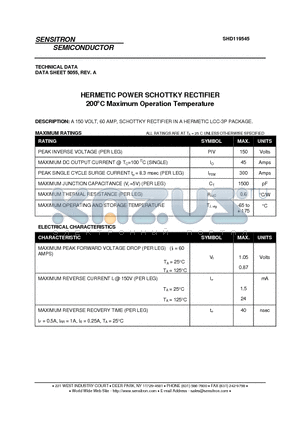 SHD119545 datasheet - HERMETIC POWER SCHOTTKY RECTIFIER 200`C Maximum Operation Temperature