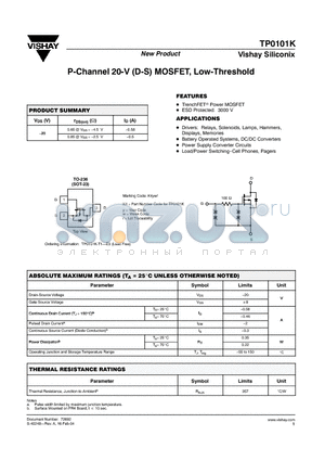 TP0101K_04 datasheet - P-Channel 20-V (D-S) MOSFET, Low-Threshold