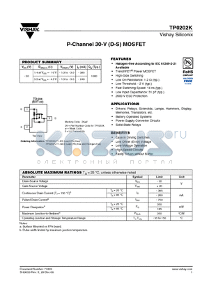 TP0202K-T1-E3 datasheet - P-Channel 30-V (D-S) MOSFET