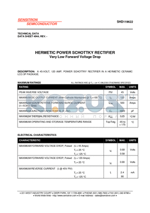 SHD119622 datasheet - HERMETIC POWER SCHOTTKY RECTIFIER Very Low Forward Voltage Drop