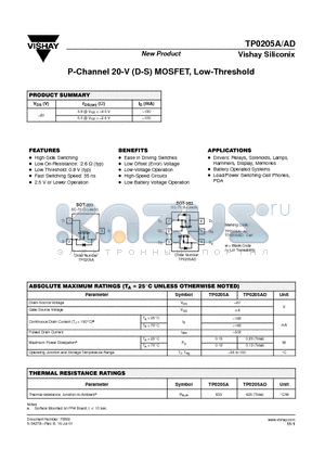 TP0205A datasheet - P-Channel 20-V (D-S) MOSFET, Low-Threshold