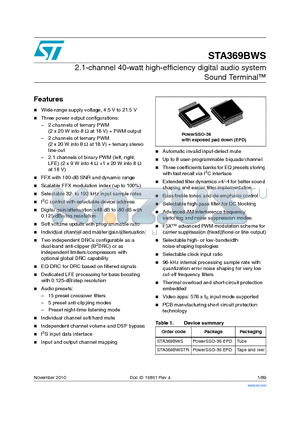 STA369BWS datasheet - 2.1-channel 40-watt high-efficiency digital audio system Sound Terminal