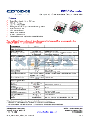 S016-1240120-FB datasheet - DC/DC Converter 12V Input, 1.2 - 5.0V Adjustable Output, 16A or 45W