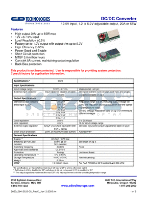 S020-1220120-FB datasheet - DC/DC Converter 12.0V input, 1.2 to 5.0V adjustable output, 20A or 55W