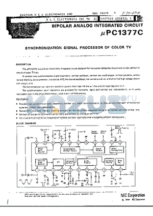 UPC1377C datasheet - SYNCHRONIZATION SIGNAL PROCESSOR OF COLOR TV