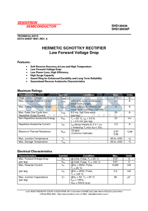 SHD120036 datasheet - HERMETIC SCHOTTKY RECTIFIER Low Forward Voltage Drop