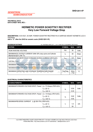 SHD120111P datasheet - HERMETIC POWER SCHOTTKY RECTIFIER Very Low Forward Voltage Drop