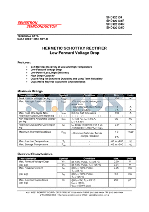 SHD120134D datasheet - HERMETIC SCHOTTKY RECTIFIER Low Forward Voltage Drop