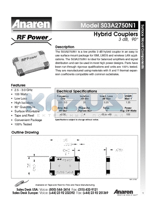 S03A2750N1 datasheet - Low Profile 3 dB hybrid coupler in an easy to use surface mount package for ISM