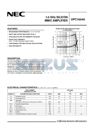 UPC1654 datasheet - 1.0 GHz SILICON MMIC AMPLIFIER