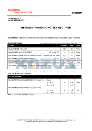 SHD120211 datasheet - HERMETIC POWER SCHOTTKY RECTIFIER