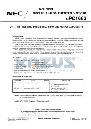 UPC1663 datasheet - DC to VHF WIDEBAND DIFFERENTIAL INPUT AND OUTPUT AMPLIFIER IC