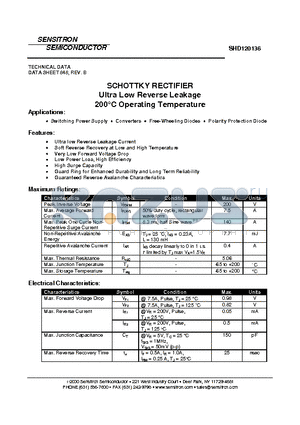 SHD120136 datasheet - SCHOTTKY RECTIFIER Ultra Low Reverse Leakage 200C Operating Temperature