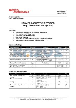 SHD120223 datasheet - HERMETIC SCHOTTKY RECTIFIER Very Low Forward Voltage Drop