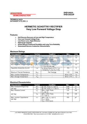 SHD120223_09 datasheet - HERMETIC SCHOTTKY RECTIFIER Very Low Forward Voltage Drop