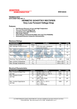 SHD120232 datasheet - HERMETIC SCHOTTKY RECTIFIER Very Low Forward Voltage Drop