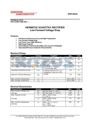 SHD120236 datasheet - HERMETIC SCHOTTKY RECTIFIER Low Forward Voltage Drop