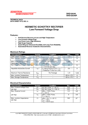 SHD120245P datasheet - HERMETIC SCHOTTKY RECTIFIER Low Forward Voltage Drop