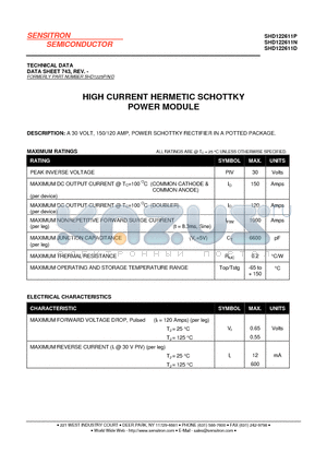 SHD122611D datasheet - HIGH CURRENT HERMETIC SCHOTTKY