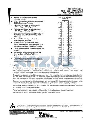SN74LVCH16245 datasheet - 16-BIT BUS TRANSCEIVER WITH 3-STATE OUTPUTS