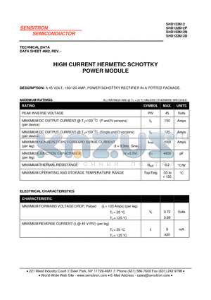 SHD122612D datasheet - HIGH CURRENT HERMETIC SCHOTTKY POWER MODULE