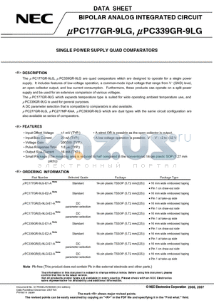 UPC177GR-9LG-E1-A datasheet - BIPOLAR ANALOG INTEGRATED CIRCUIT SINGLE POWER SUPPLY QUAD COMPARATORS