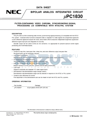UPC1830 datasheet - FILTER-CONTAINING VIDEO CHROMA, SYNCHRONIZING SIGNAL PROCESSING LSI COMPATIBLE WITH NTSC/PAL SYSTEM