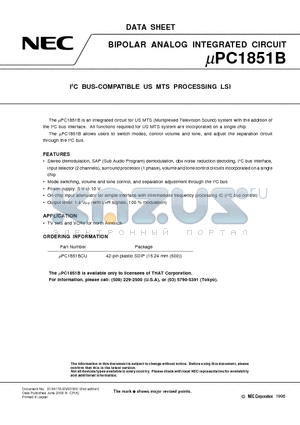 UPC1851B datasheet - I2C BUS-COMPATIBLE US MTS PROCESSING LSI