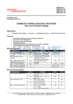 SHD124111 datasheet - HERMETIC POWER SCHOTTKY RECTIFIER Very Low Forward Voltage