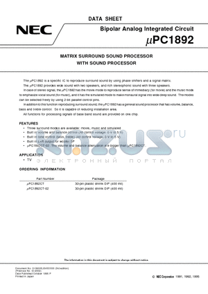 UPC1892CT-02 datasheet - MATRIX SURROUND SOUND PROCESSOR WITH SOUND PROCESSOR